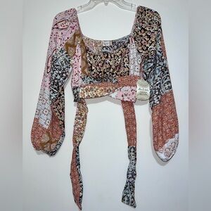 New Altar'd State Patchwork Crop Top Pink Brown Boho Women's Size Small NWT